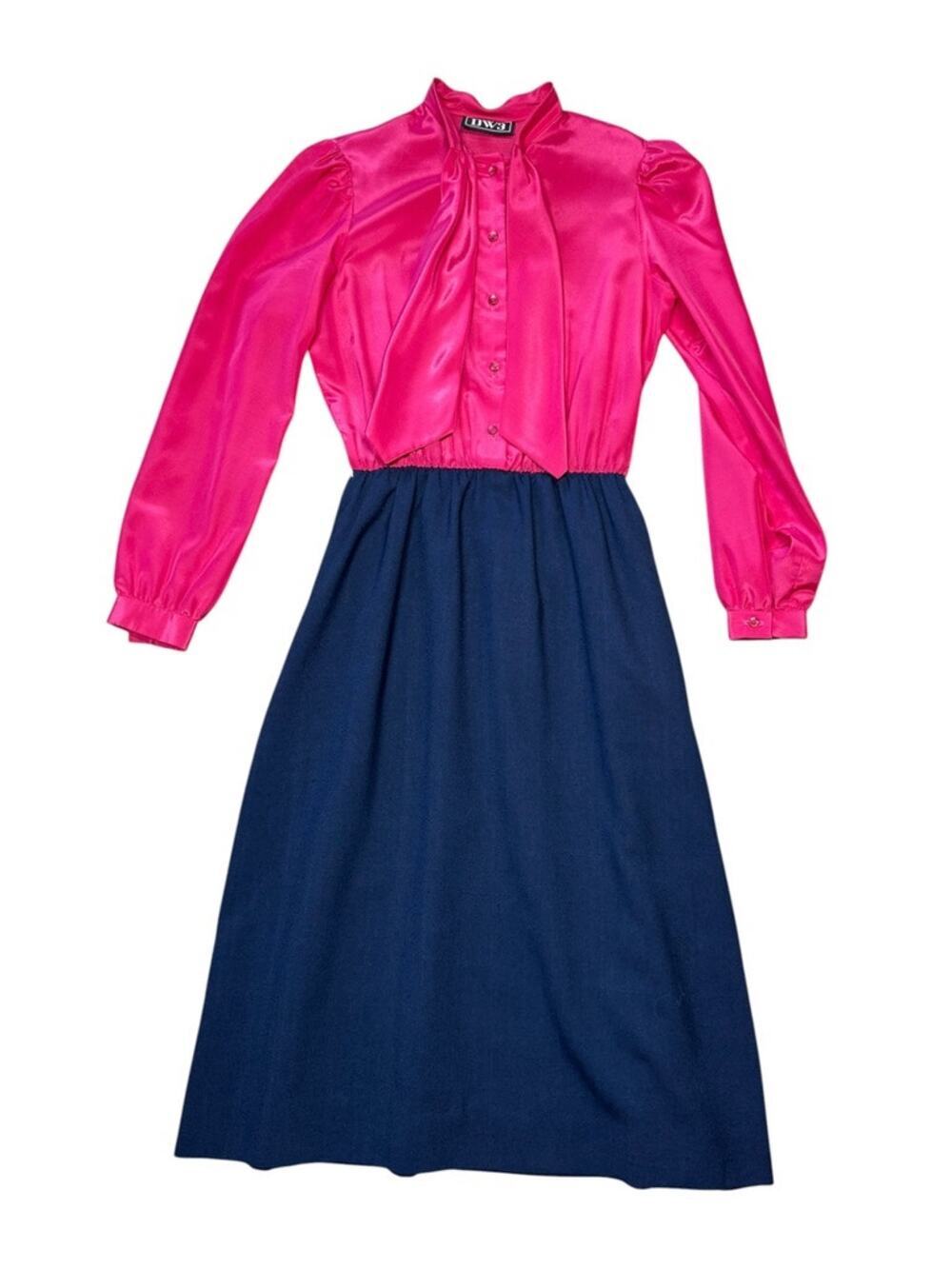 Vintage 70s / 80s Tone Two Pink Navy Belted Pussybow Dress Size Small
